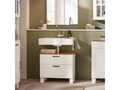 Armário gabinete de pia baixo para banheiro na cor branco lavado com honey com uma gaveta e uma porta basculante / coleção Alby 